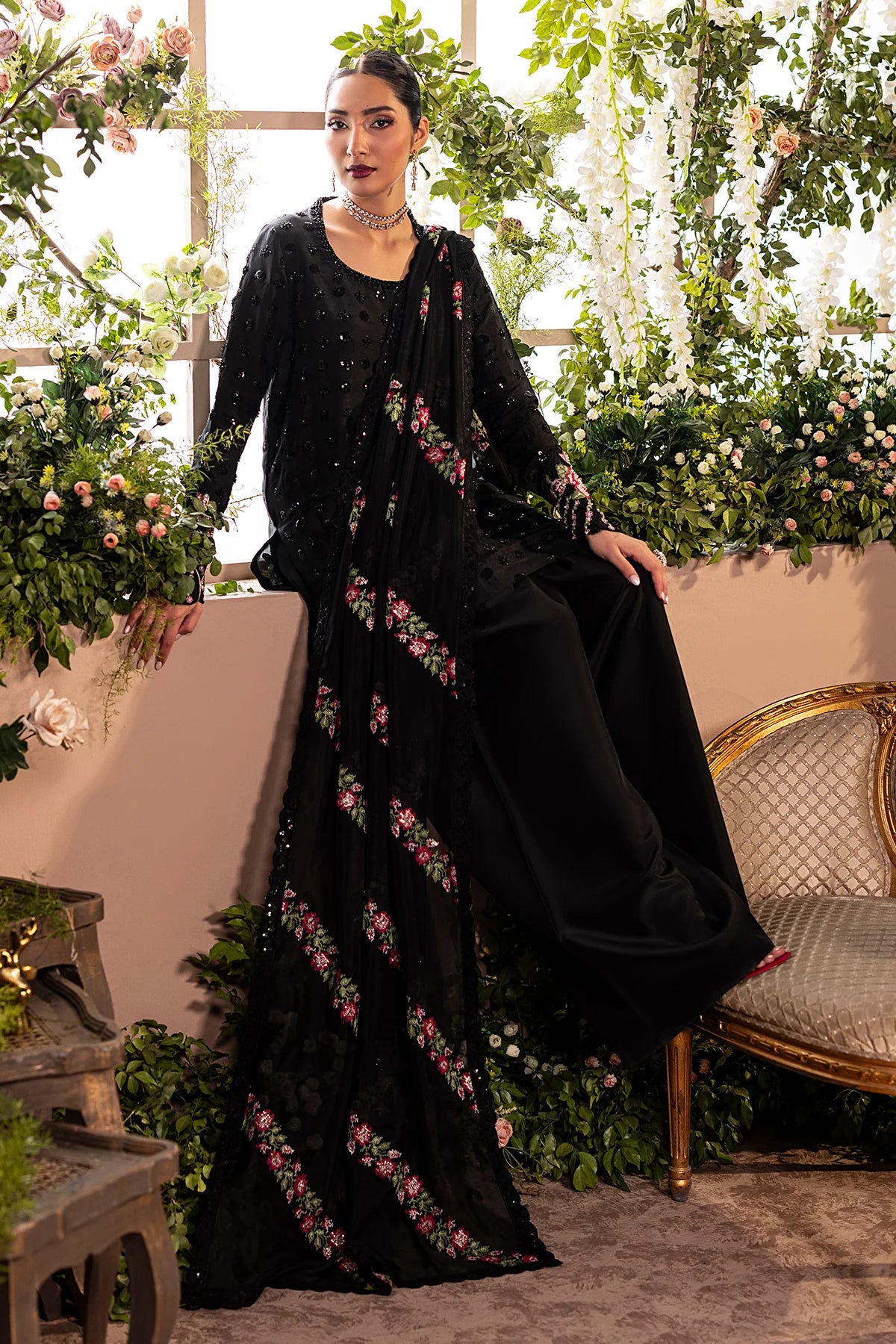 Mina Kashif Inspired Pure Silk Embroidered & Hand Embellished 3 Piece Dress