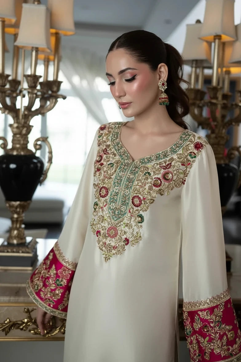 Aleena Khan Raw Silk Embroidered and Embellished 3 Piece Dress
