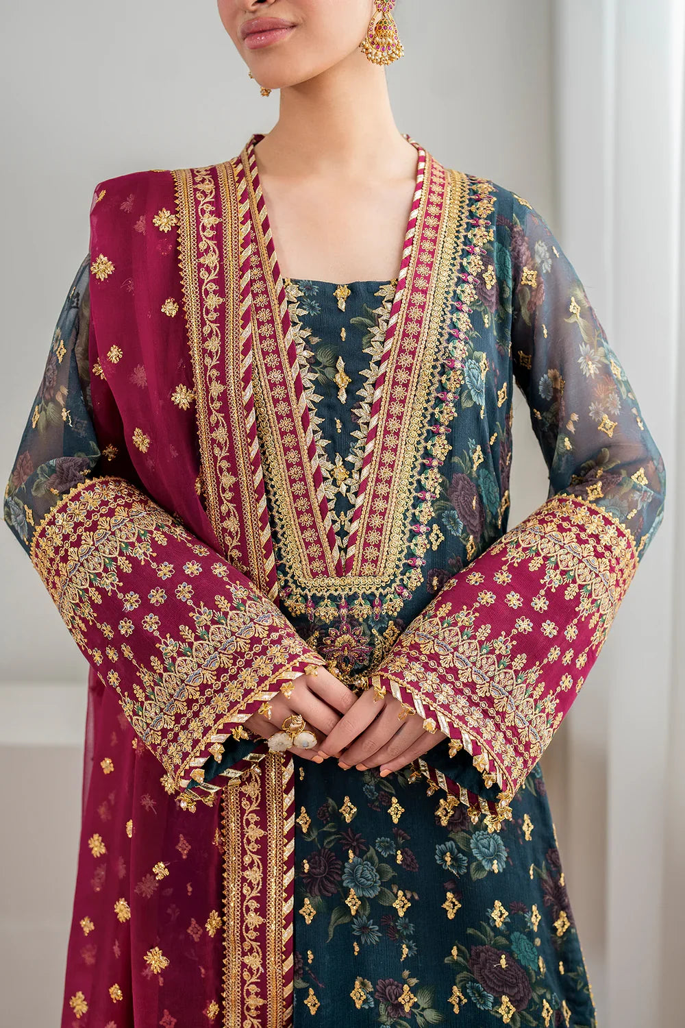 Baroque Embroidered & Digital Print 3 Piece Dress