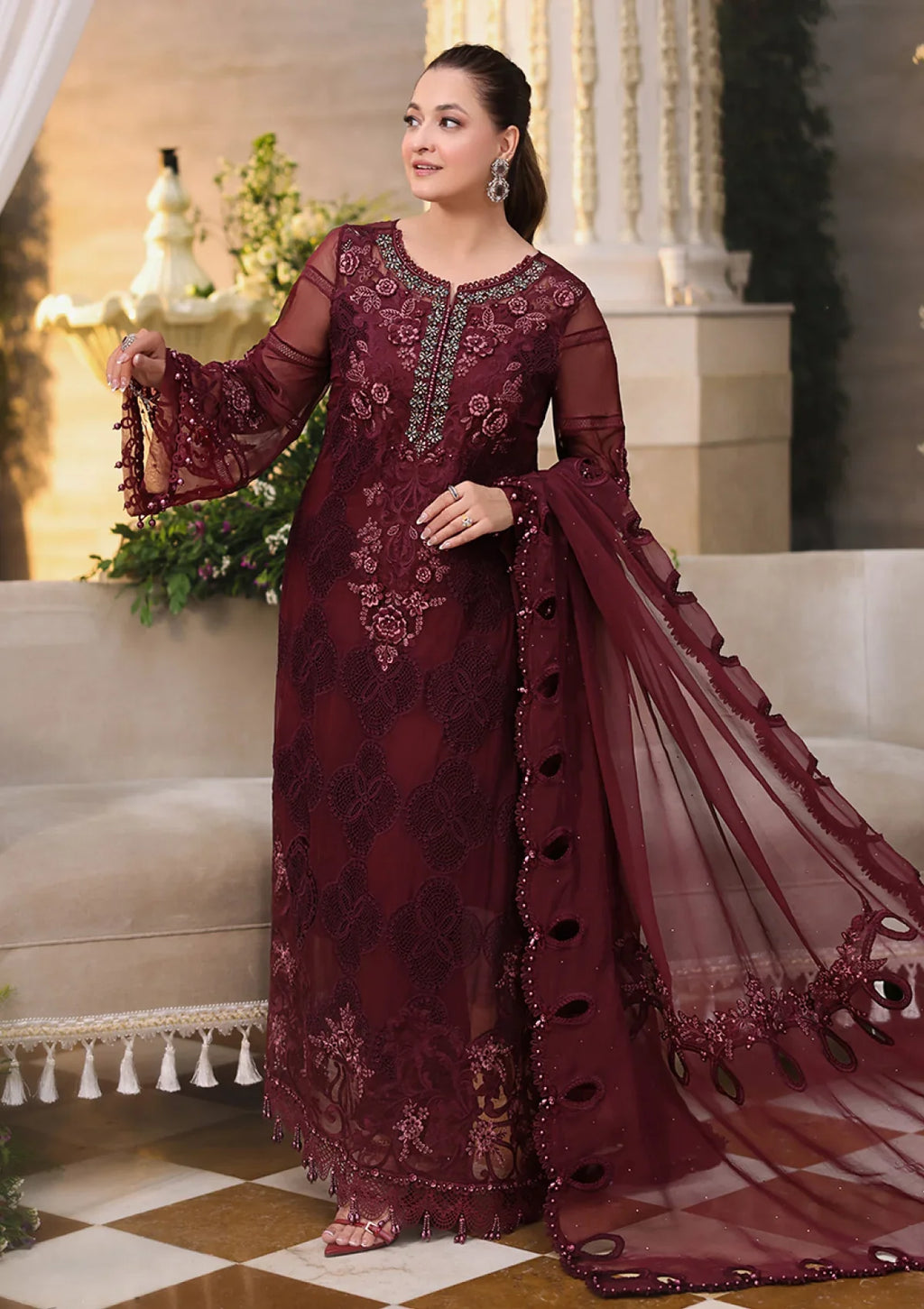 Maria B Chiffon Embroidered Hand Embellished 3 Piece Dress