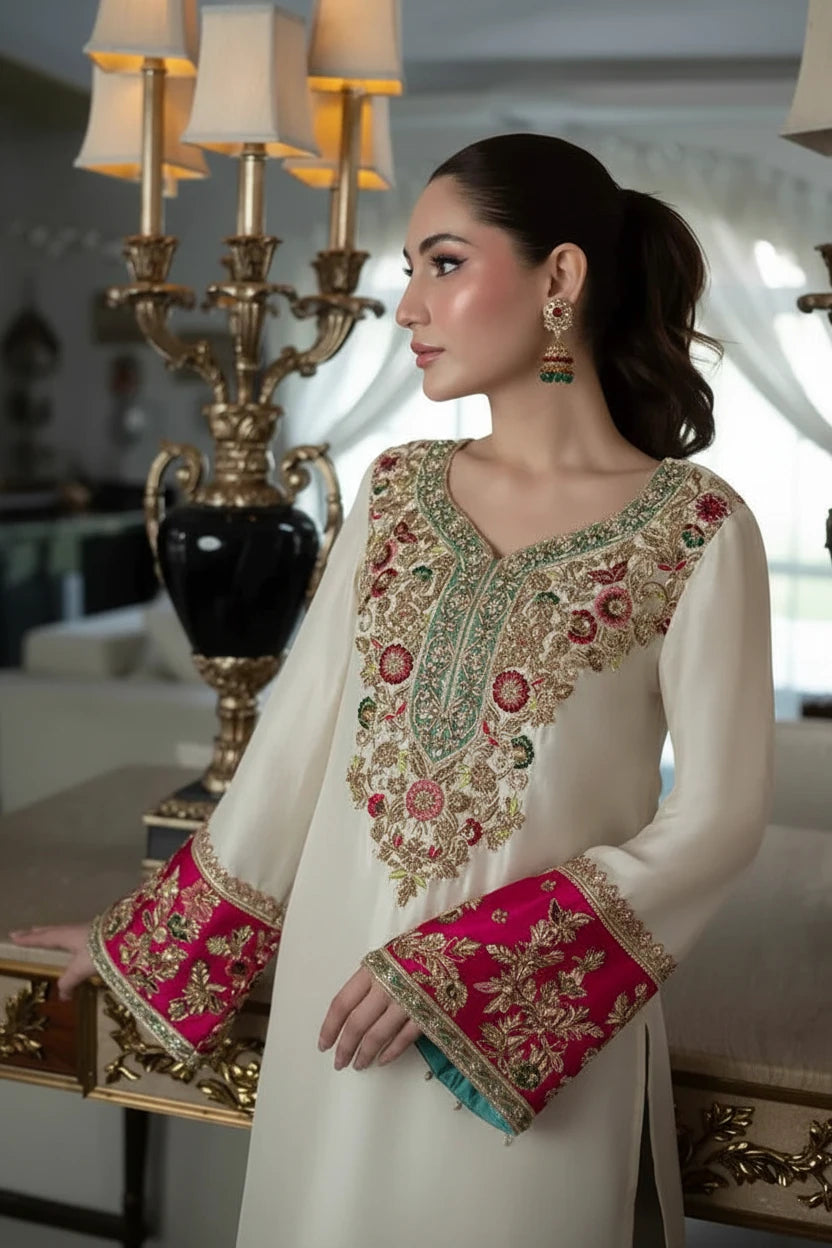 Aleena Khan Raw Silk Embroidered and Embellished 3 Piece Dress