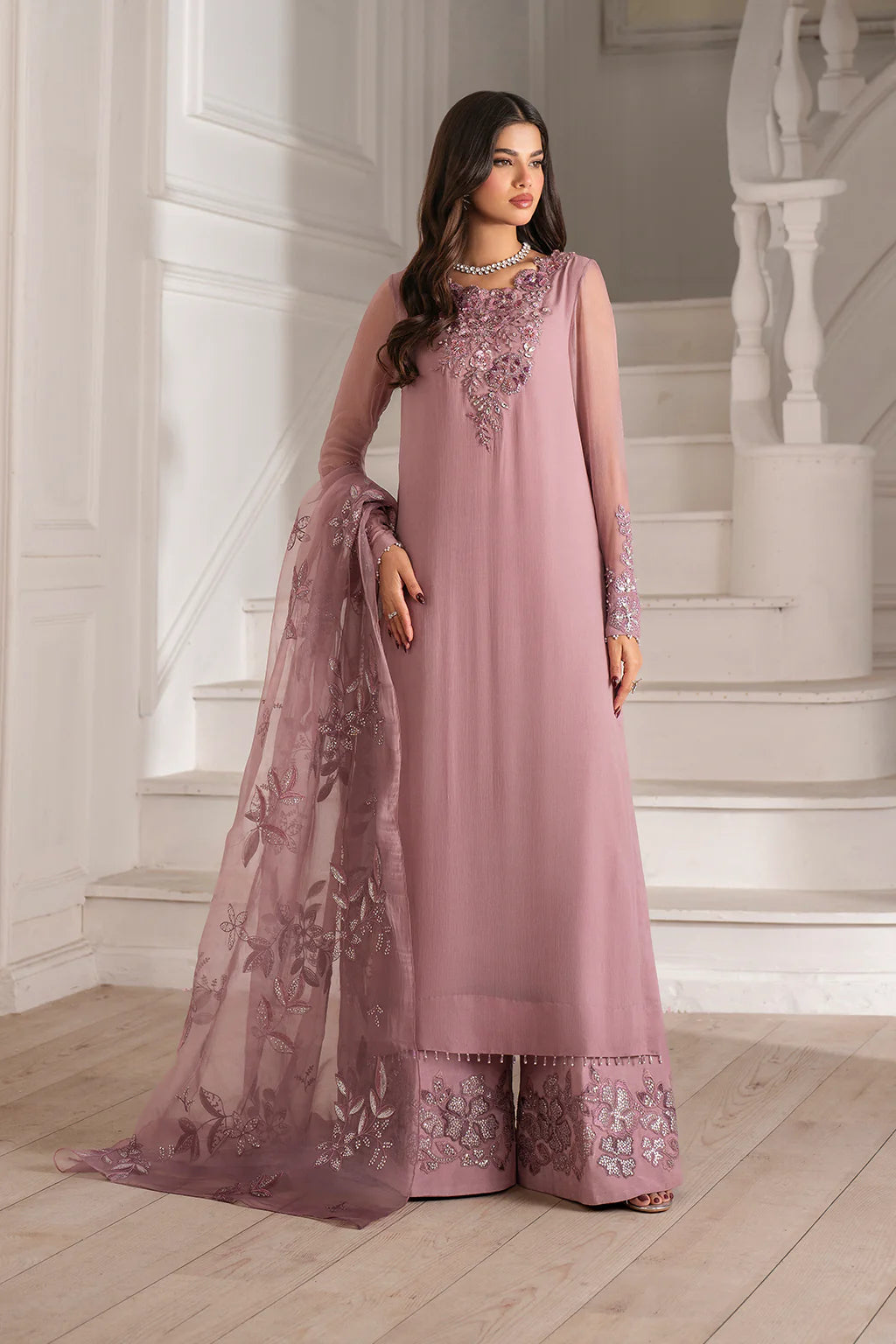 IZNIK inspired CHIFFON HAND EMBELLISHED & EMBROIDERED 3 PIECE DRESS