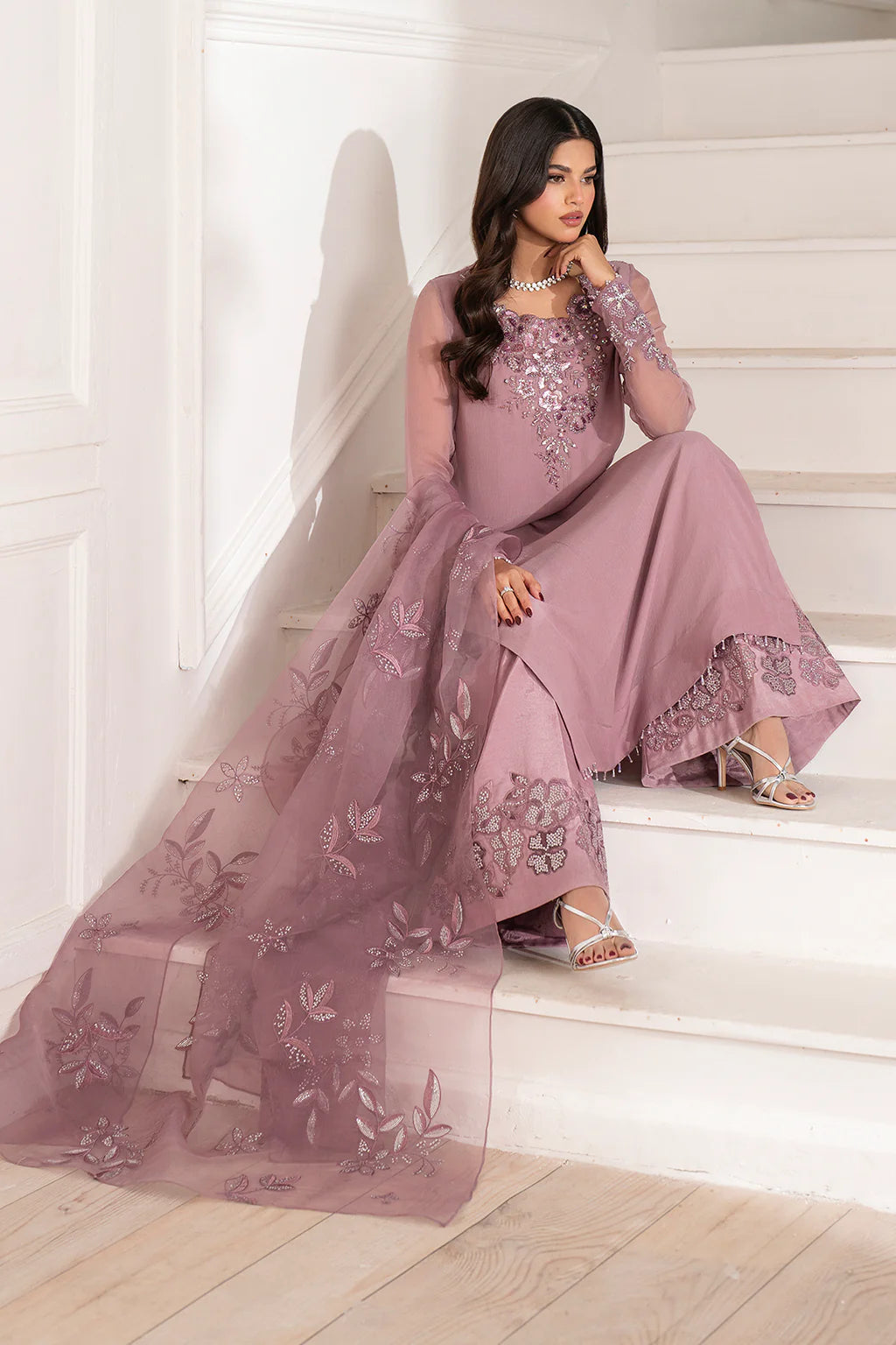 IZNIK inspired CHIFFON HAND EMBELLISHED & EMBROIDERED 3 PIECE DRESS
