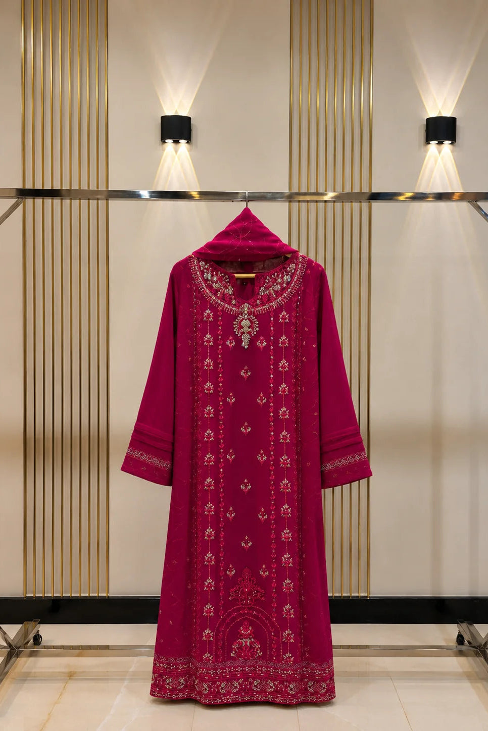 A magenta pink embroidered kurta with a matching hood, displayed on a clothing rack against a beige wall with vertical gold stripes and wall-mounted lights.