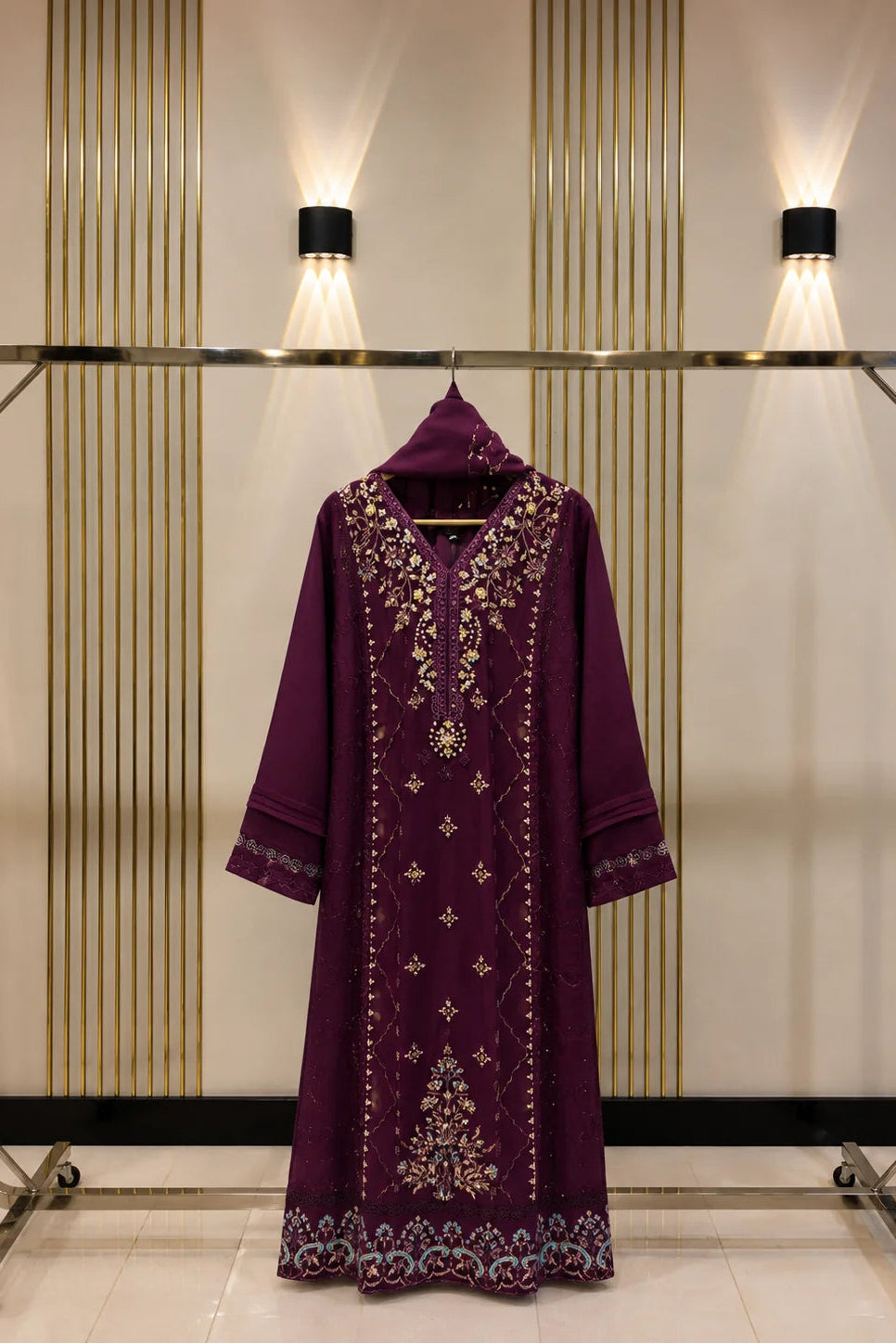 A deep purple long kurta with intricate gold and silver embroidery, displayed on a clothing rack against a modern wall with vertical gold stripes and wall-mounted lights.
