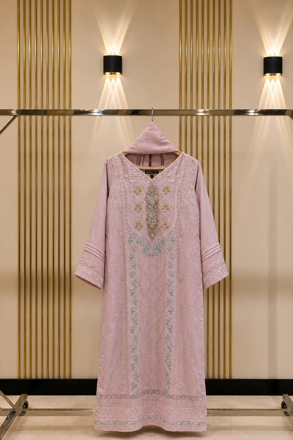 A light pink traditional long tunic with intricate embroidery and a matching hood, displayed on a clothing rack against a modern wall with vertical gold stripes and wall-mounted lights.