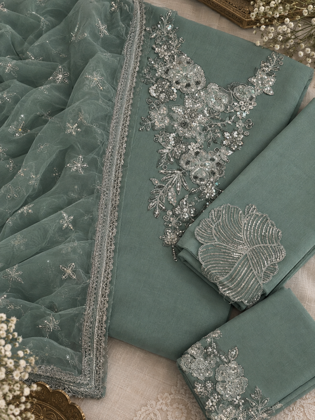 Iznik inspired Hand Embellished & Embroidered 3 Piece Dress
