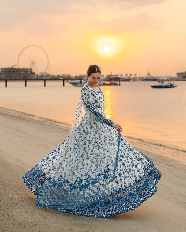 Faiza Saqlain Lawn Luxury Embroidered Maxi White Blue