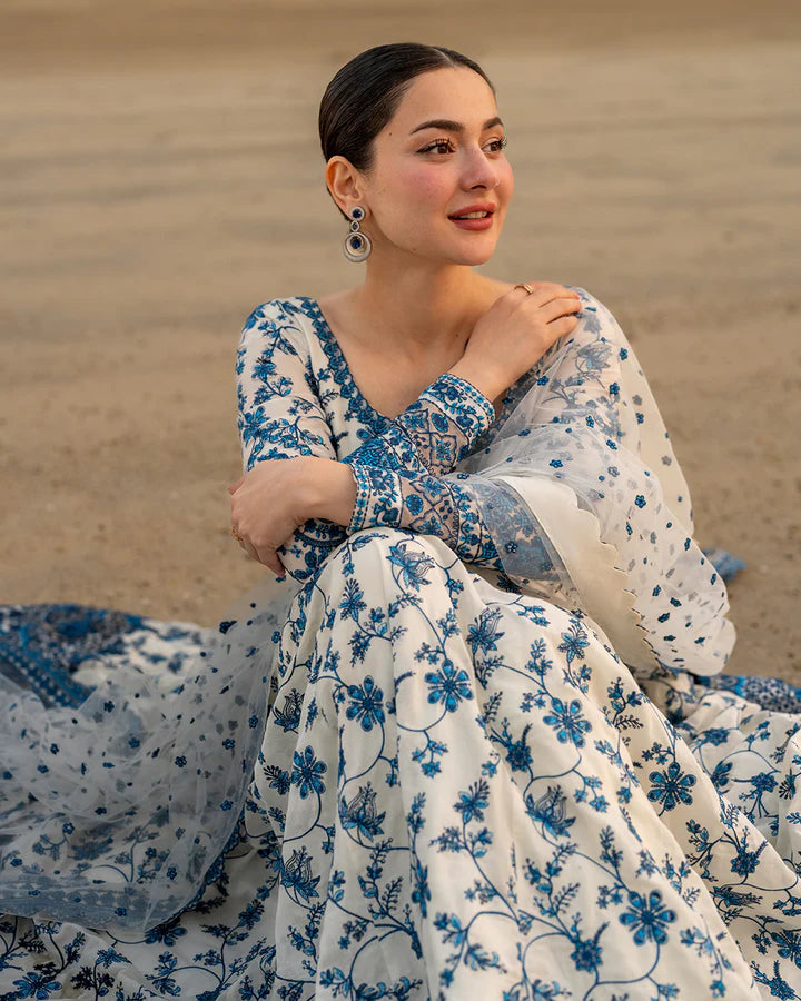 Faiza Saqlain Lawn Luxury Embroidered Maxi White Blue