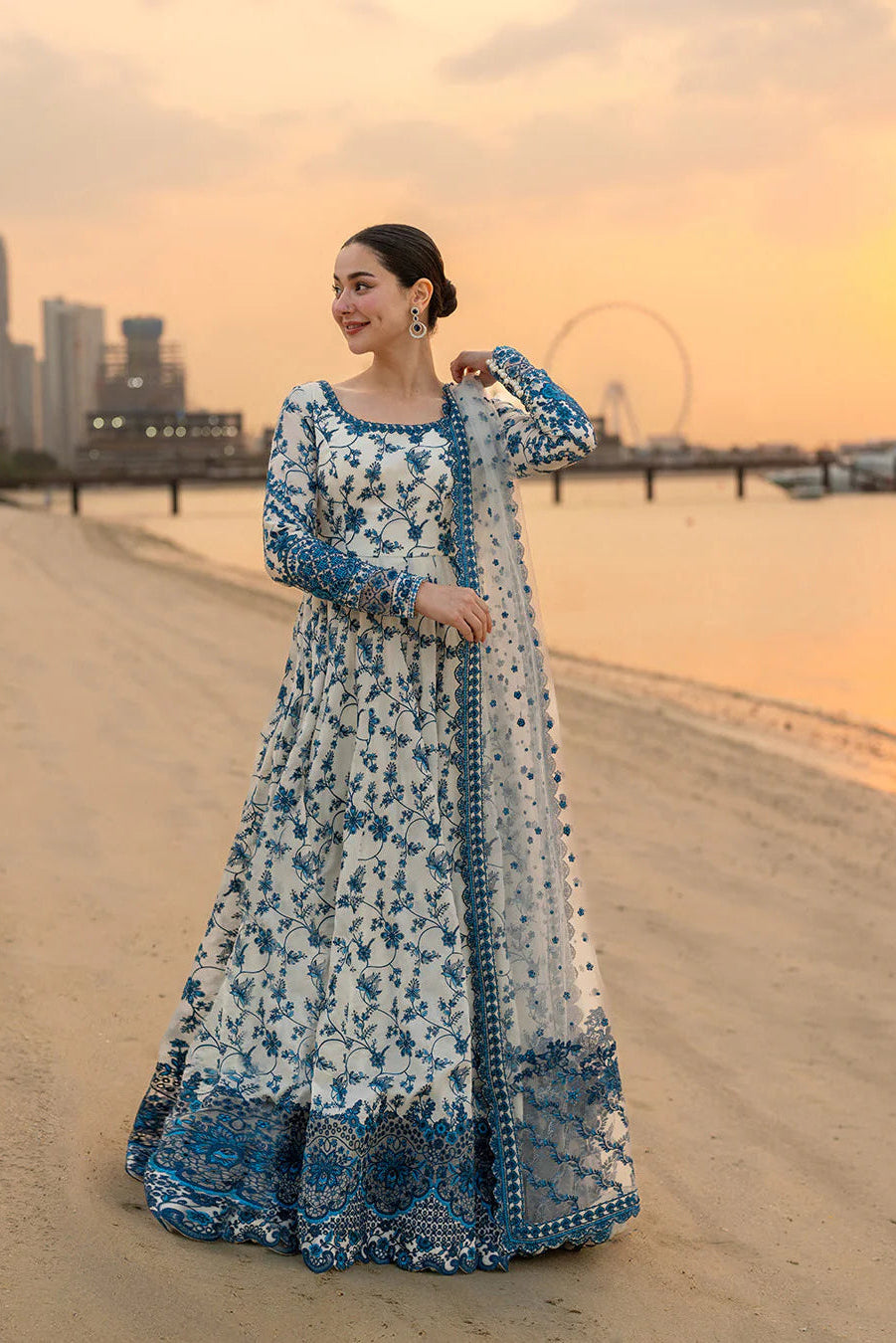 Faiza Saqlain Lawn Luxury Embroidered Maxi White Blue
