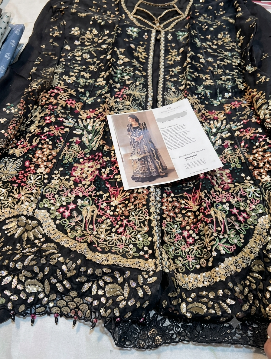 A black embroidered traditional jacket with intricate gold, pink, and green floral embroidery, displayed flat with a magazine page on top.