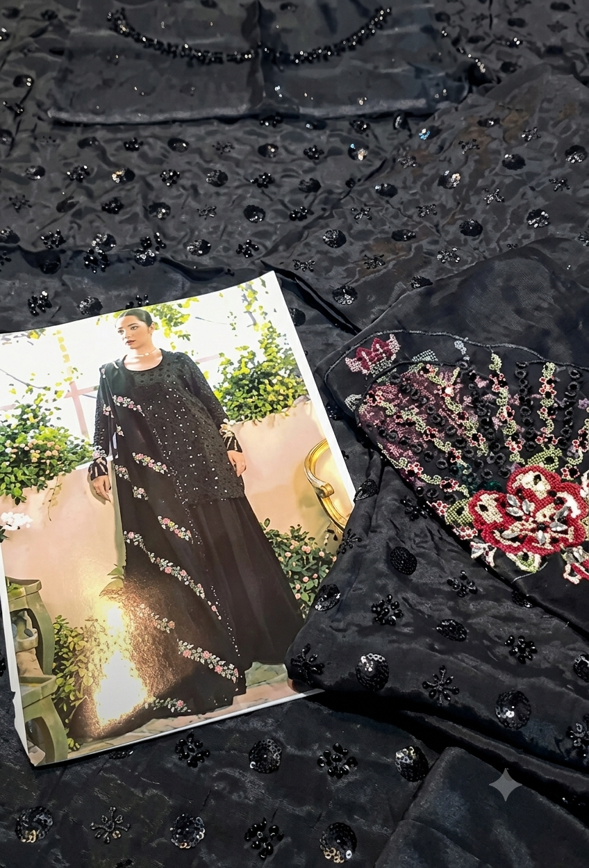 Mina Kashif Inspired Pure Silk Embroidered & Hand Embellished 3 Piece Dress