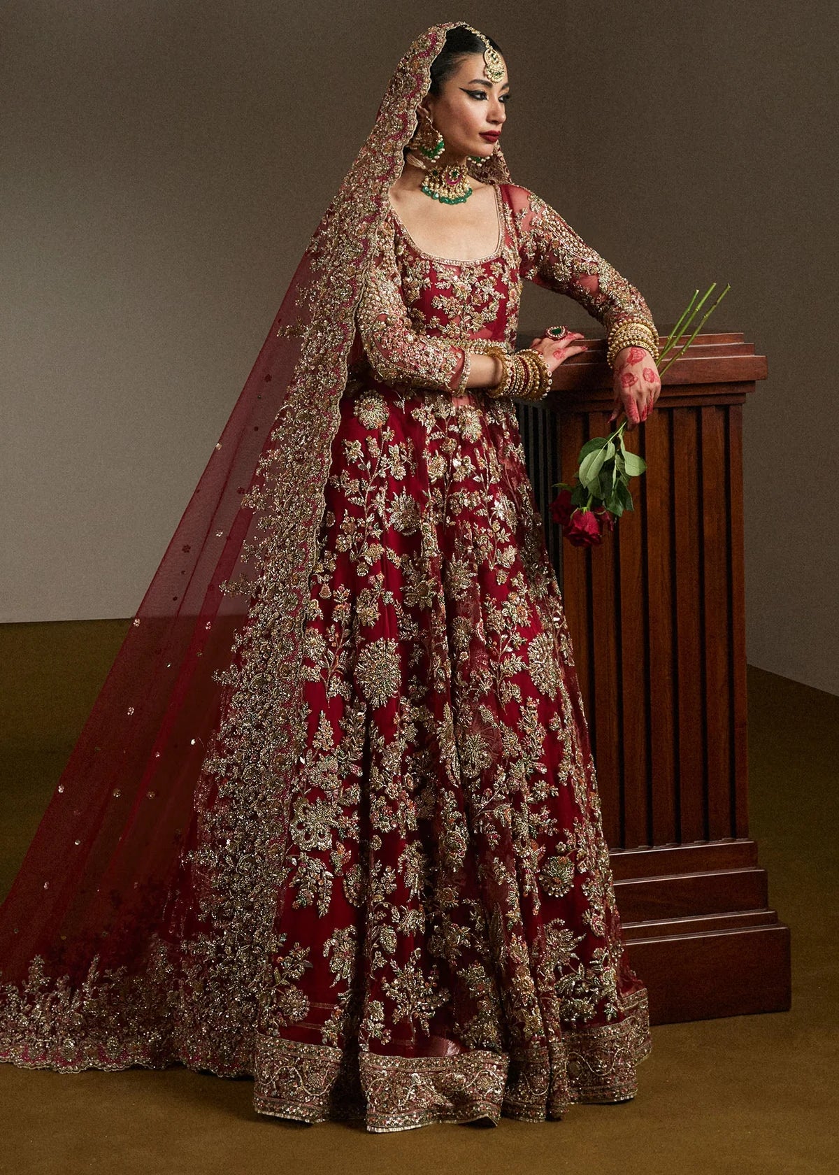 Hussain Rehar Inspired Bridal Baraat Net Hand Embellished & Embroidered Maxi Dark Hot Pink