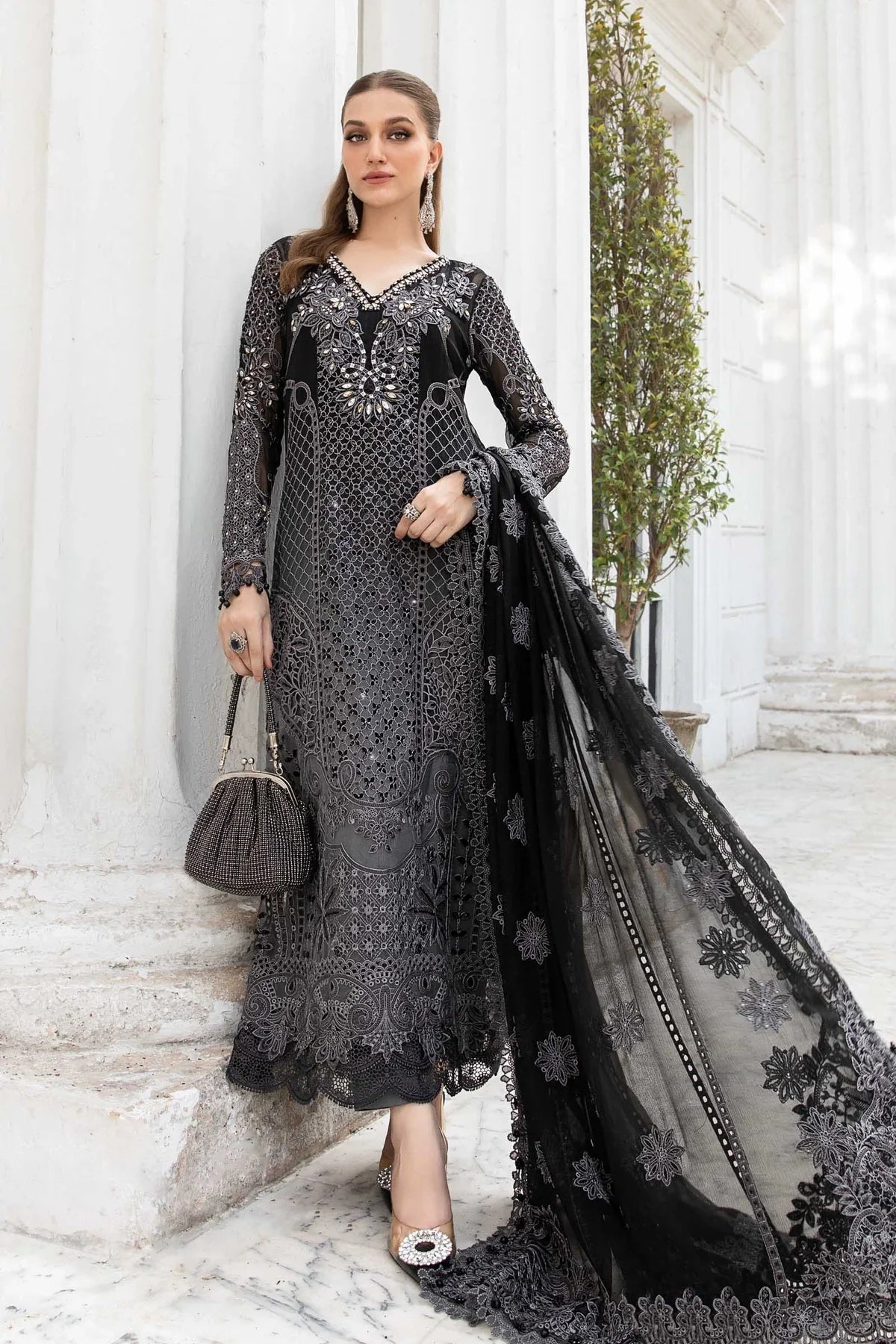 Maria B Inspired Embroidered Chiffon Net Dress 4 Piece