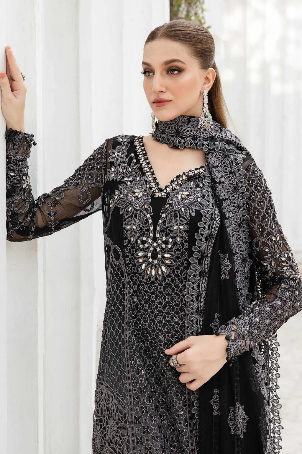 Maria B Inspired Embroidered Chiffon Net Dress 4 Piece