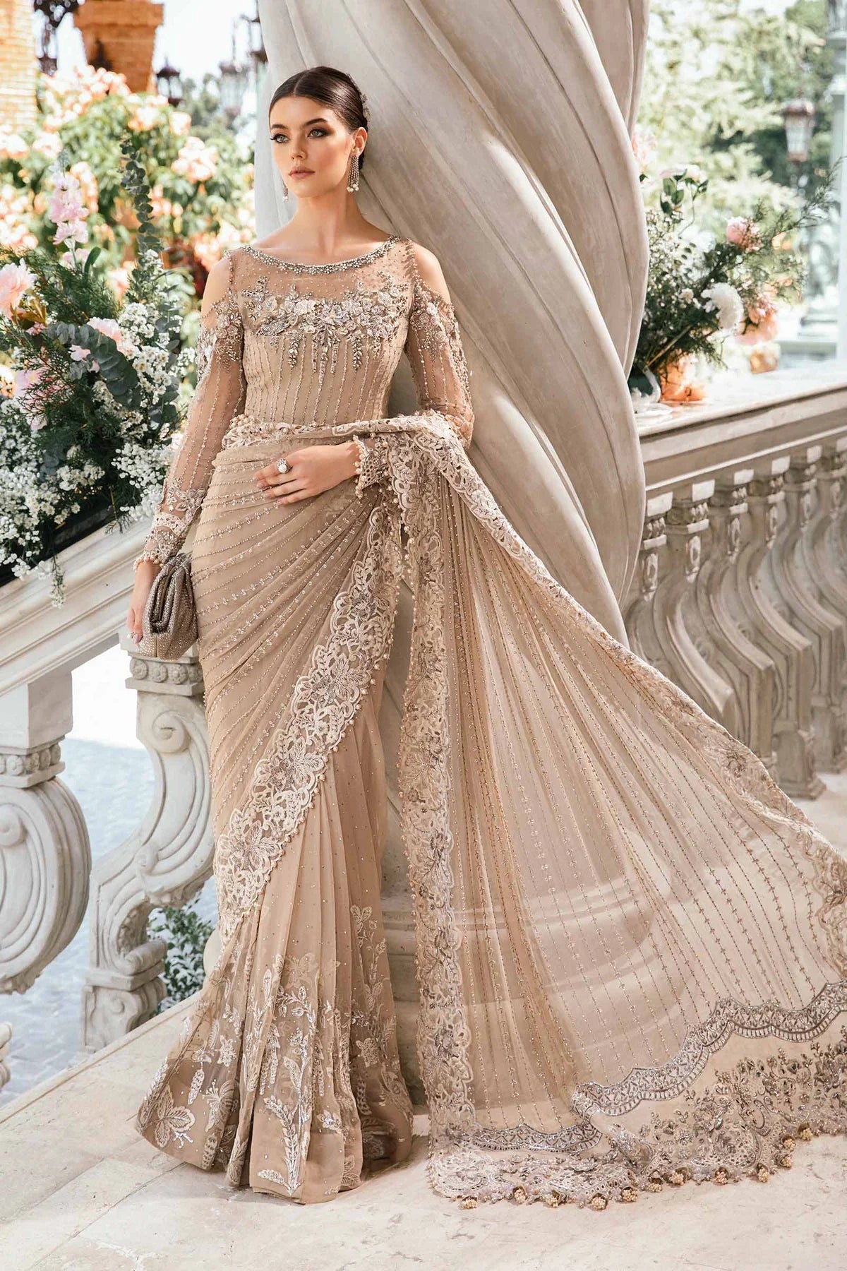 Maria B Inspired Skin Beige Hand Embroidered Chiffon Saree
