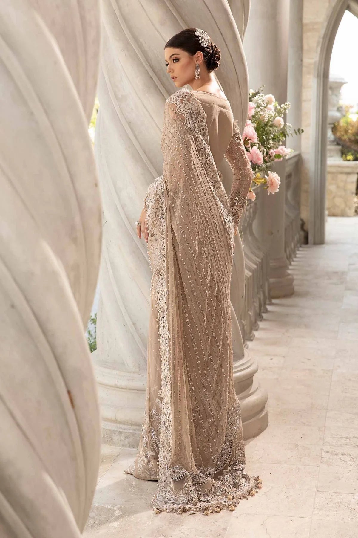 Maria B Inspired Skin Beige Hand Embroidered Chiffon Saree