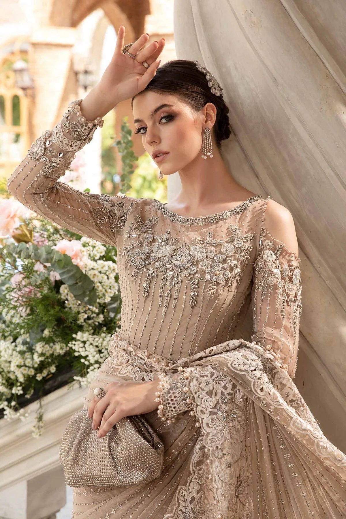 Maria B Inspired Skin Beige Hand Embroidered Chiffon Saree