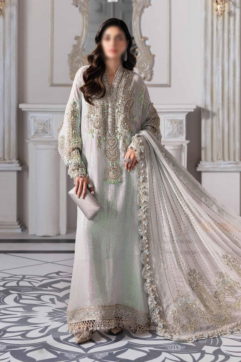 Maria B Inspired Chiffon Embroidered & Hand Embellished - ICE BLUE PURPLE HOLOGRAPHIC