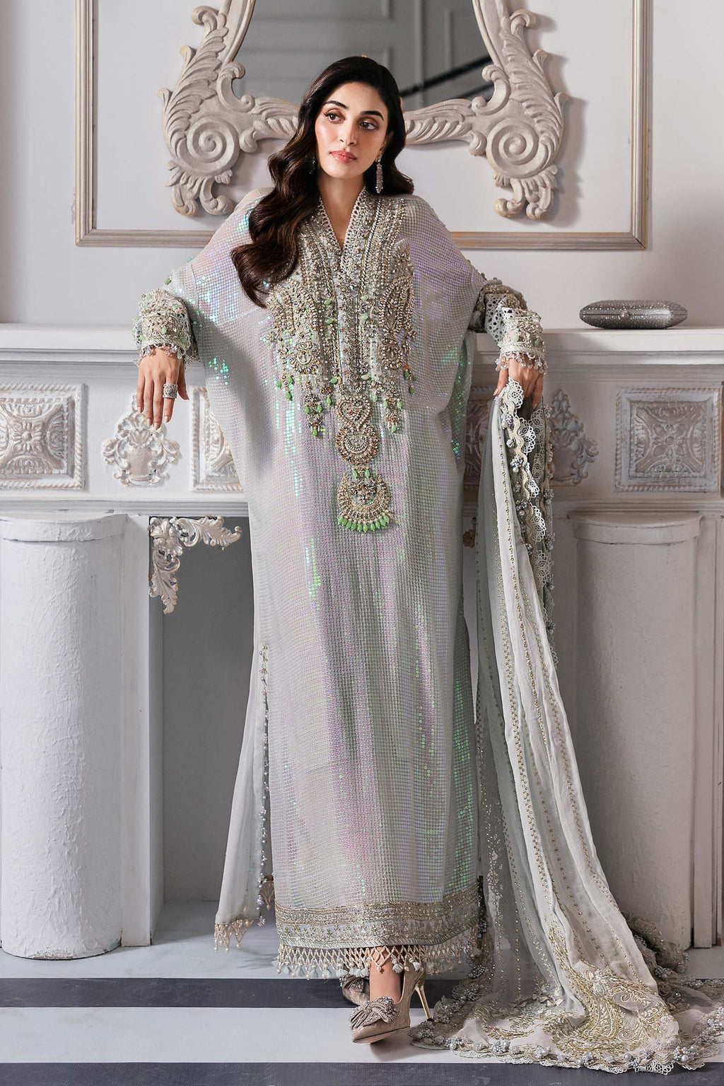 Maria B Inspired Chiffon Embroidered & Hand Embellished - ICE BLUE PURPLE HOLOGRAPHIC