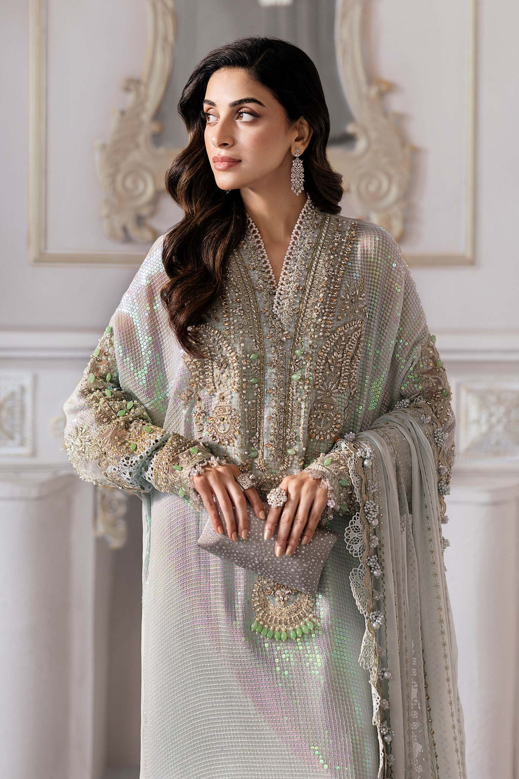 Maria B Inspired Chiffon Embroidered & Hand Embellished - ICE BLUE PURPLE HOLOGRAPHIC