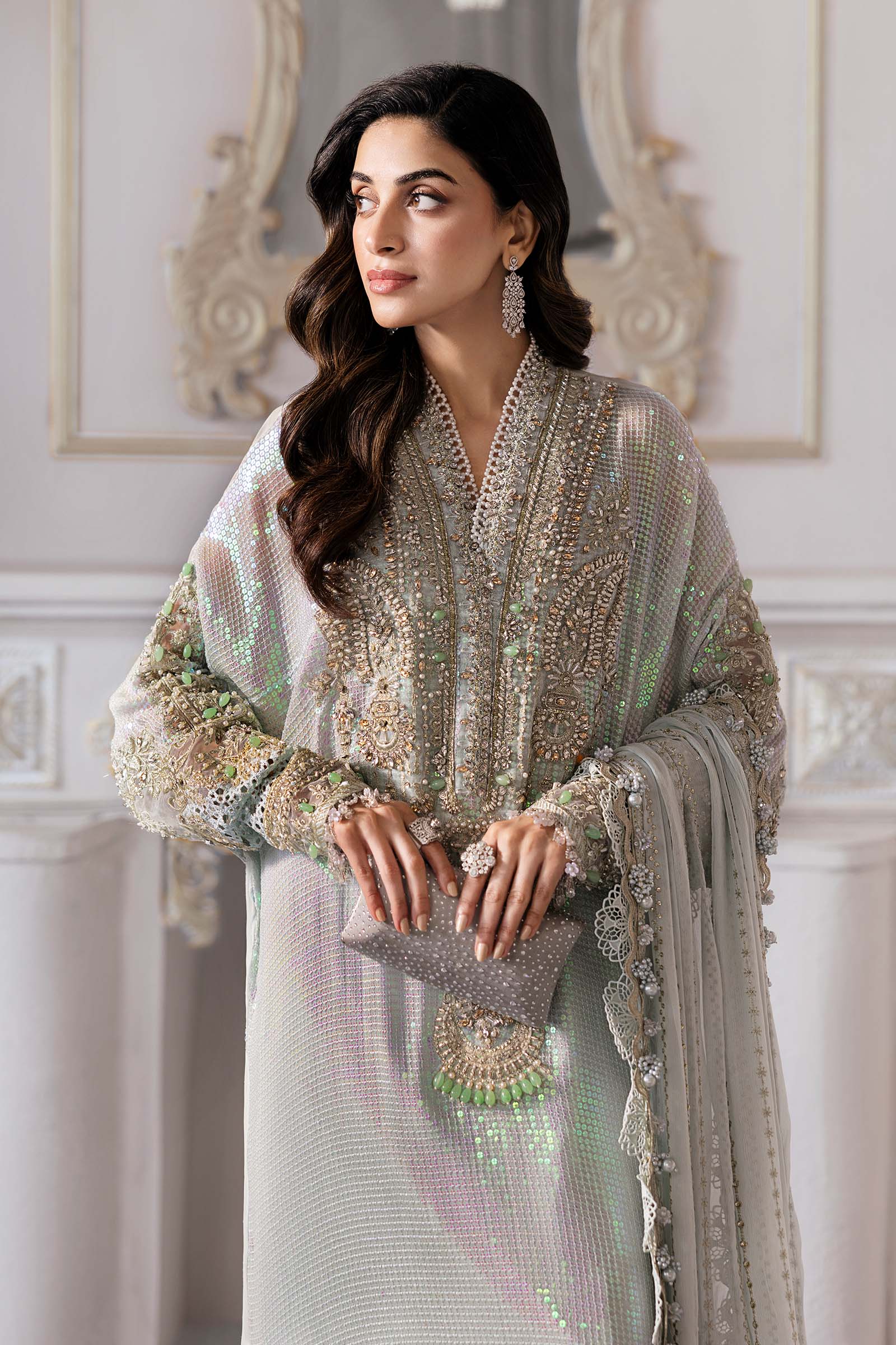 Maria B Inspired Chiffon Embroidered & Hand Embellished - ICE BLUE PURPLE HOLOGRAPHIC