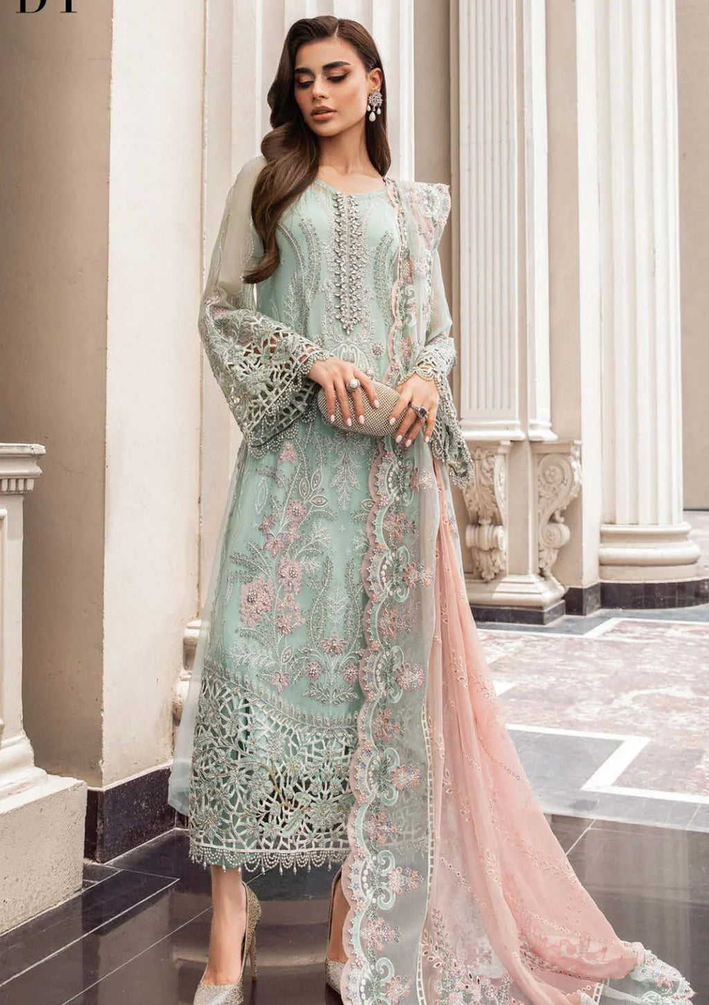 MariaB Mint Green Embroidered Chiffon Hand Embellished 3 Piece Dress