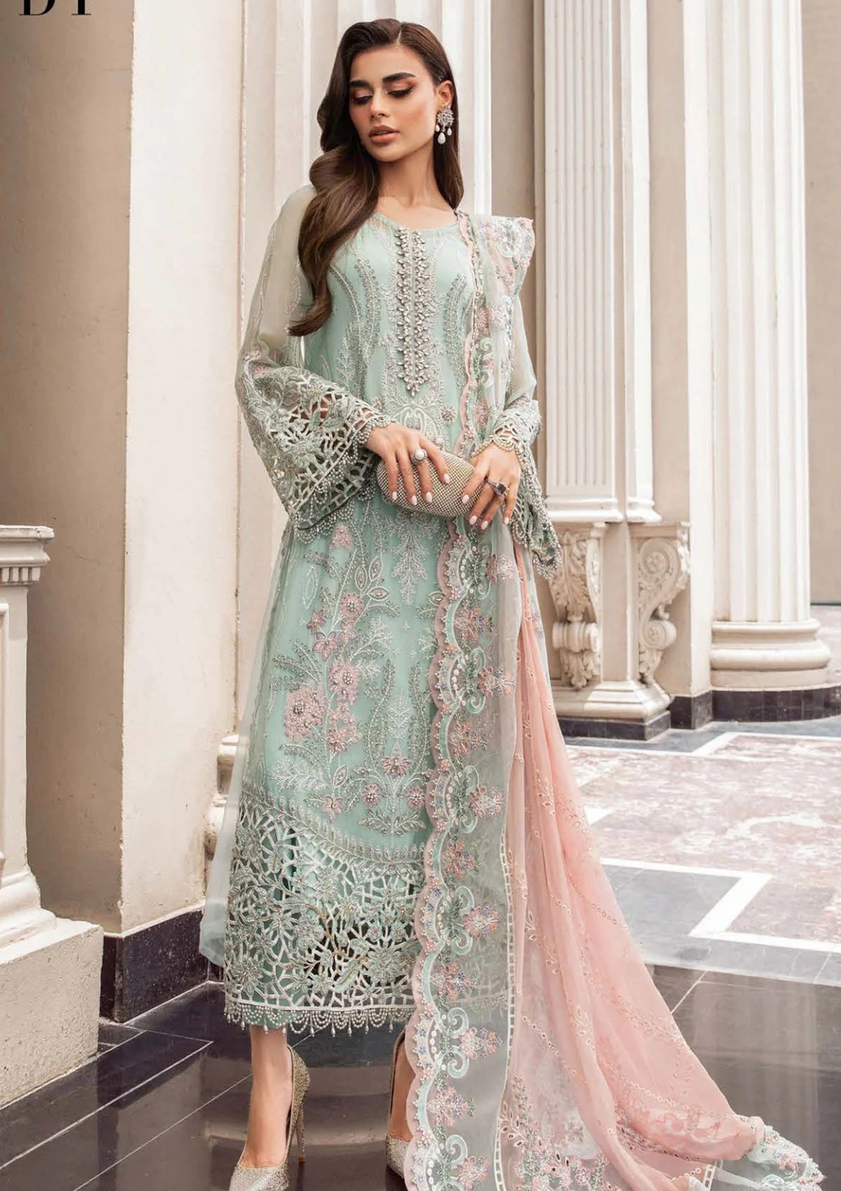 MariaB Mint Green Embroidered Chiffon Hand Embellished 3 Piece Dress