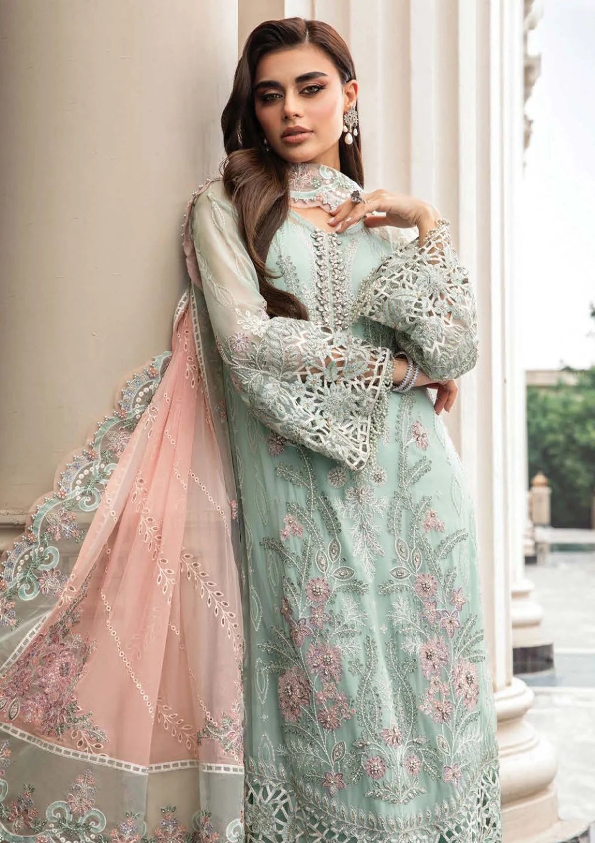 MariaB Mint Green Embroidered Chiffon Hand Embellished 3 Piece Dress