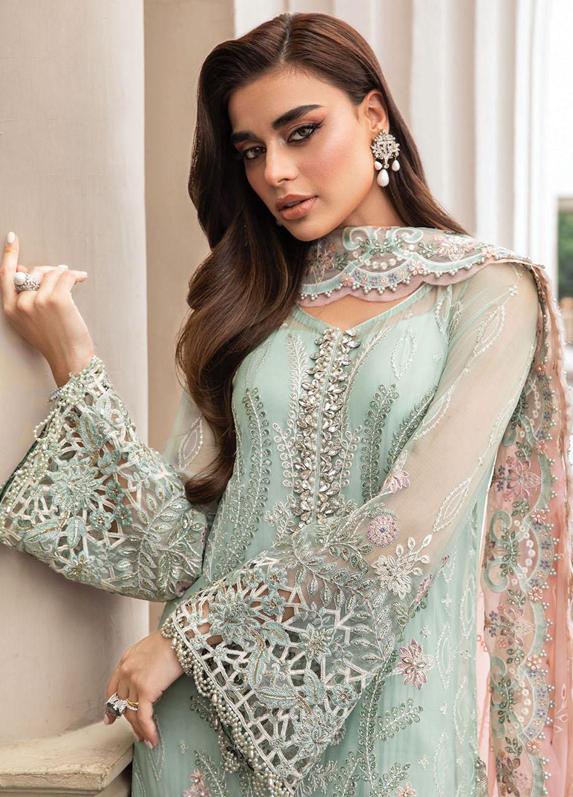 MariaB Mint Green Embroidered Chiffon Hand Embellished 3 Piece Dress