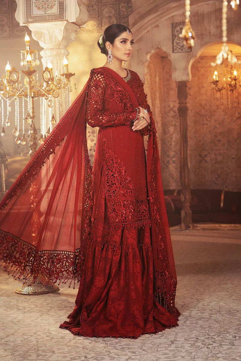 Maria B inspired RUBY RED net Embroidered & Hand Embellished 3 Piece Dress