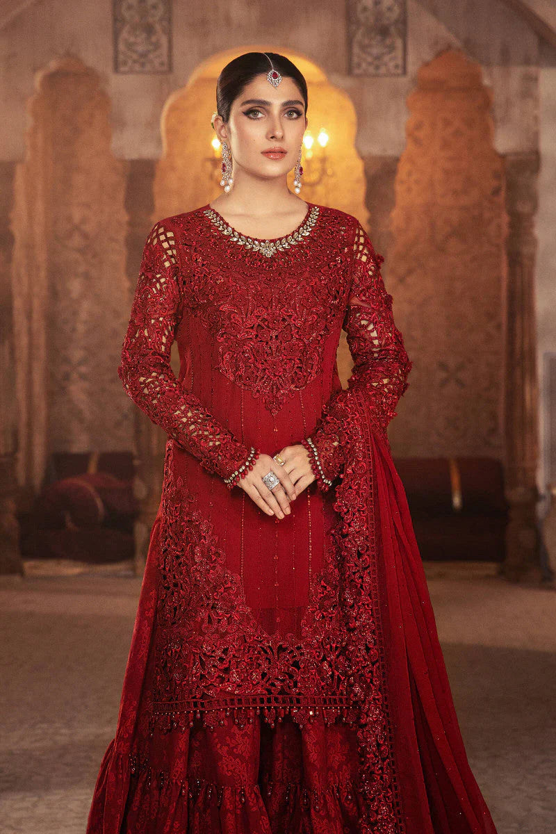 Maria B inspired RUBY RED net Embroidered & Hand Embellished 3 Piece Dress