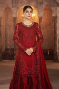 Maria B inspired RUBY RED net Embroidered & Hand Embellished 3 Piece Dress