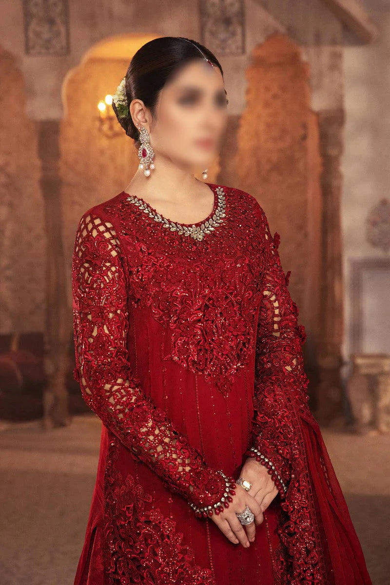 Maria B inspired RUBY RED net Embroidered & Hand Embellished 3 Piece Dress