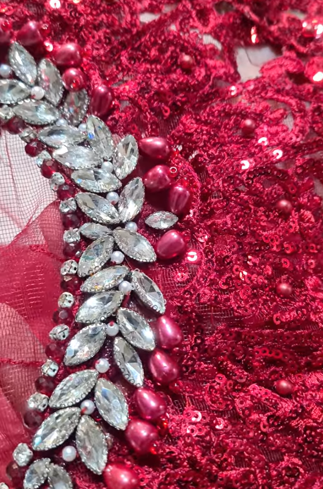 Maria B inspired RUBY RED net Embroidered & Hand Embellished 3 Piece Dress