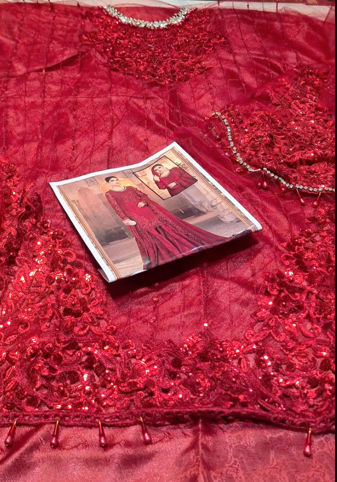 Maria B inspired RUBY RED net Embroidered & Hand Embellished 3 Piece Dress