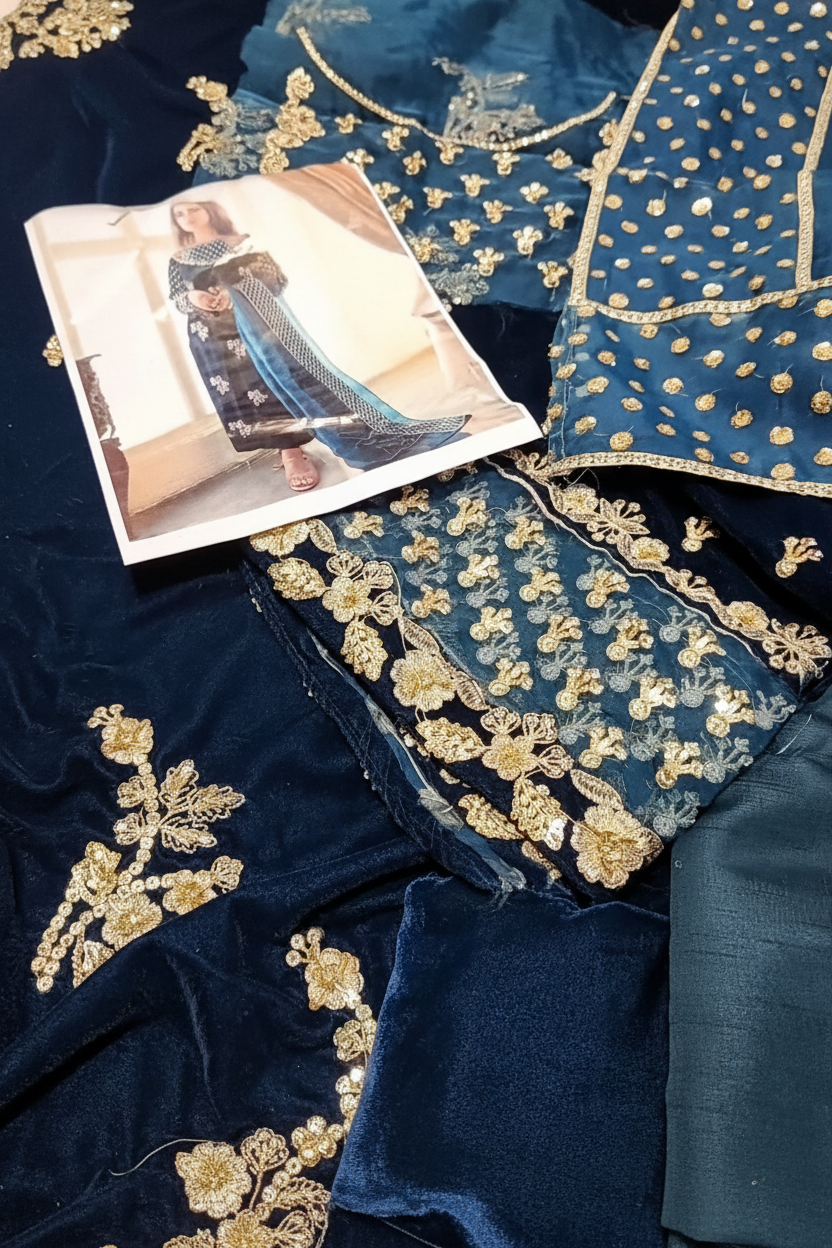 A close-up of a navy blue embroidered fabric garment laid flat, with gold floral and dot embroidery, sheer mesh panels, and a small printed photo card placed on top.