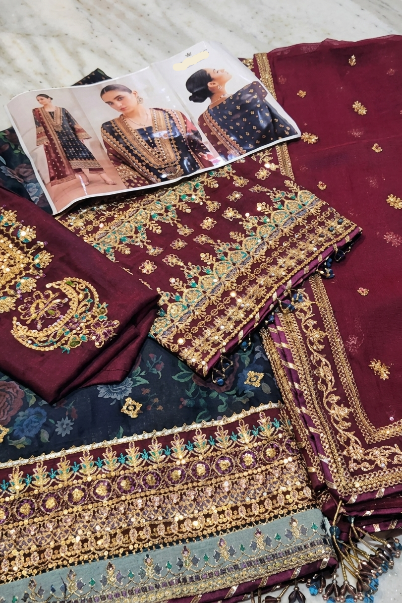 A folded three-piece women's ethnic wear fabric set with a deep maroon dupatta, a navy blue printed kurta, and a matching maroon embroidered blouse piece, arranged on a light marble surface with a magazine page visible.