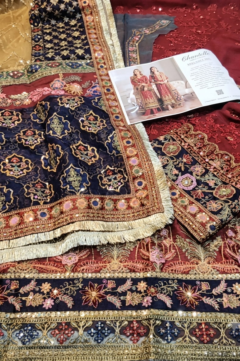 A close-up of an ornate embroidered fabric set, likely traditional South Asian textile material, featuring a navy blue dupatta with gold and multicolor floral patterns, a deep red embroidered blouse piece, and a matching decorative border. A printed catalog card is placed on top of the textiles.
