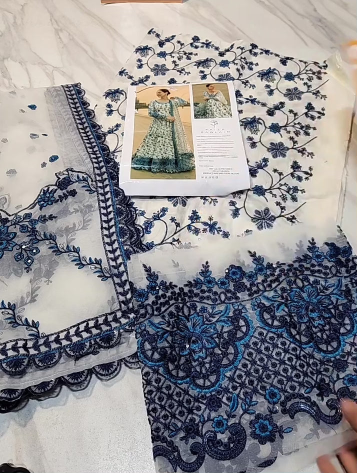 Faiza Saqlain Lawn Luxury Embroidered Maxi White Blue